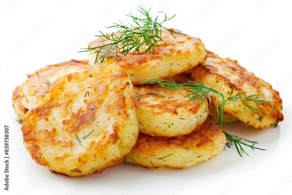 Potato pancakes with dill on white background Potato pancakes with dill on white background