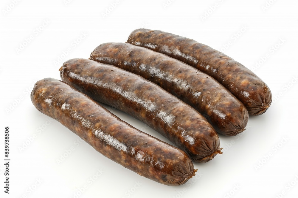 Dark and smoky sausages on white background, gourmet preserved meat, savory snack, high protein delicacy, artisanal treat, traditional culinary delight, rich flavor Dark and smoky sausages on white background, gourmet preserved meat, savory snack, high protein delicacy, artisanal treat, traditional culinary delight, rich flavor