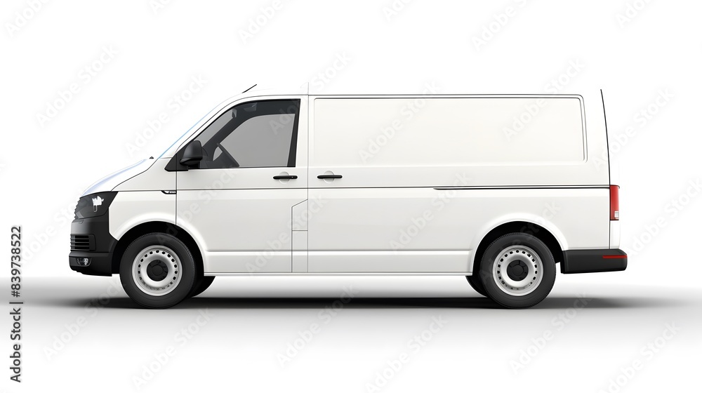 Clean blank white delivery van isolated, side view of plain car cargo carrier with transparent Background