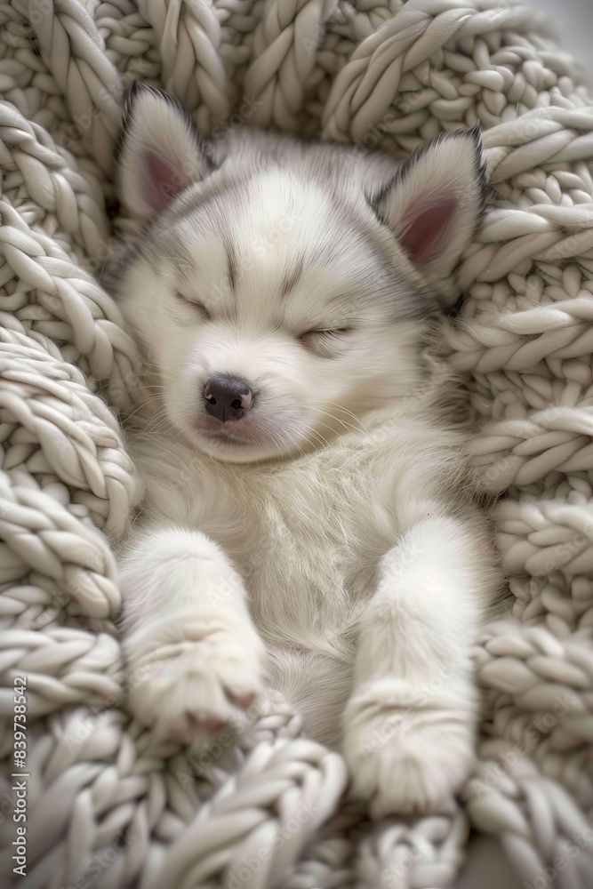 Husky puppy in armchair, cozily resting with soft blanket, creating a heartwarming scene Husky puppy in armchair, cozily resting with soft blanket, creating a heartwarming scene