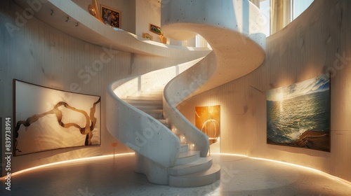 The gallery's spiral staircase winding up to a mezzanine of exclusive artworks.  photo