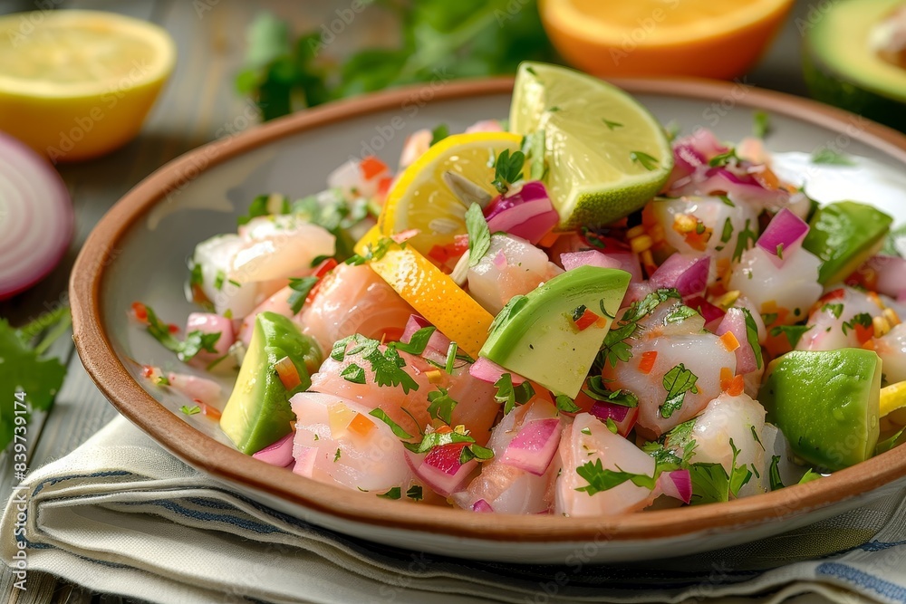Raw fish salad with avocado citrus and red onion on a plate Raw fish salad with avocado citrus and red onion on a plate