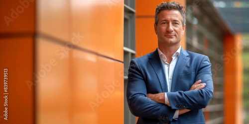 Confident Businessman Leans Against Orange Wall in a Modern Office Building
