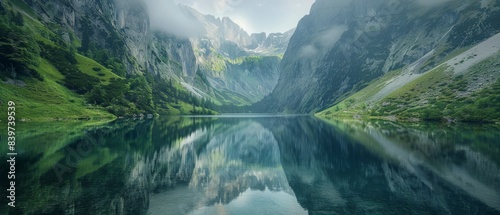 A mountain range beautifully reflected in a lake between a steep gorge.