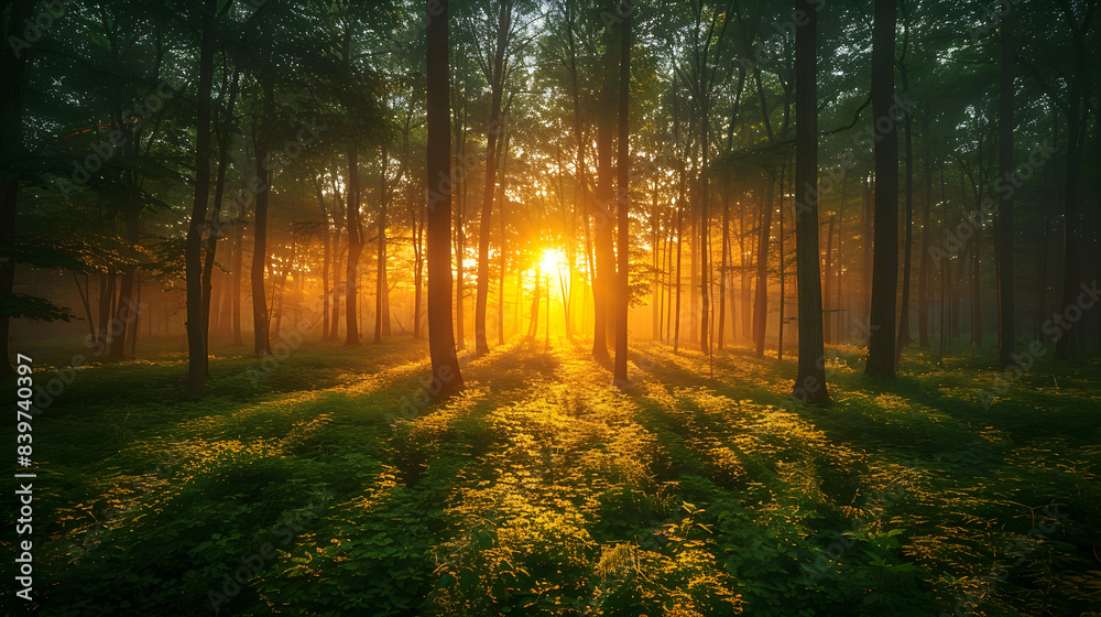 Fototapeta premium An ultra HD view of a nature woodland at sunrise, the light casting long shadows and creating a golden glow among the trees
