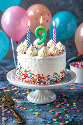 Festive number 9 candle cake surrounded by party decorations for a joyous celebration