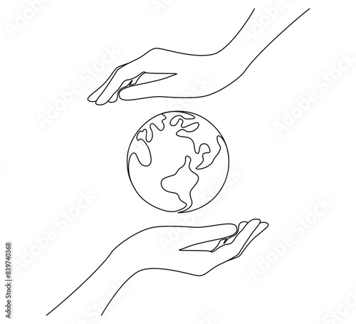 One continuous line drawing of hands holding Earth globe. World environment day poster in simple linear style. Protect and save planet concept in editable stroke. Doodle vector illustration