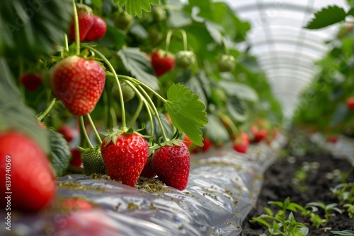 Strawberry field covered by greenhouse tarp