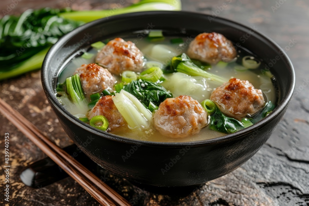 Studio shot of miso soup with meatballs pak choi in black bowl on brown stone surface Studio shot of miso soup with meatballs pak choi in black bowl on brown stone surface