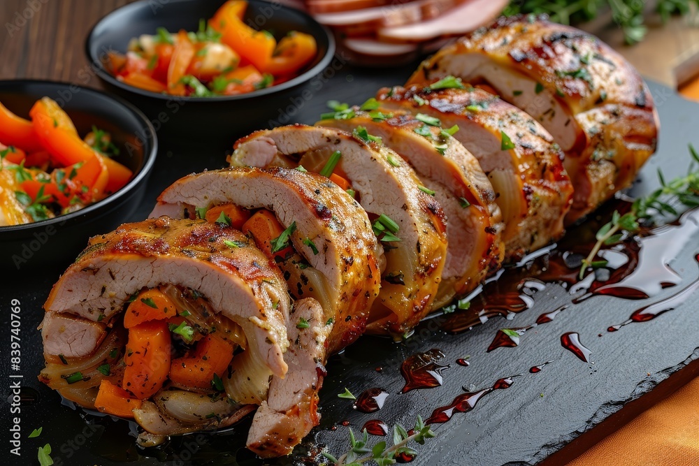 Stuffed meat roll with peppers and baked sweet potatoes served with roasted pork ham Stuffed meat roll with peppers and baked sweet potatoes served with roasted pork ham