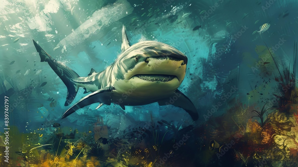 Fototapeta premium artistic cinematic portrait of bull shark in natural habitat celebrating marine wildlife biology and biodiversity digital painting