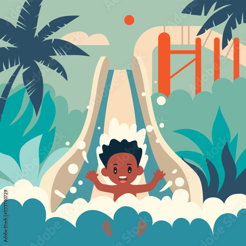 Little boy sliding down a water slide in a water park. Summer activities. Child having fun in the water. Holidays at an all-inclusive hotel. Flat style illustration