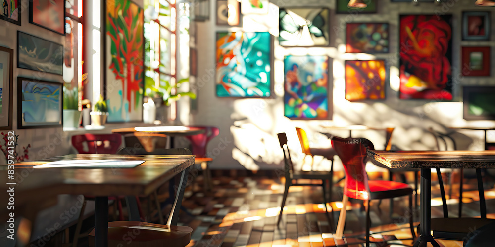 Artsy Cafe Gallery: A cafe that doubles as an art gallery, with local artwork displayed on the walls and a creative, bohemian atmosphere. Artsy Cafe Gallery: A cafe that doubles as an art gallery, with local artwork displayed on the walls and a creative, bohemian atmosphere.