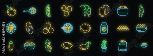 Lentil icons set outline vector. Bean bread. Cereal leaves neon color on black