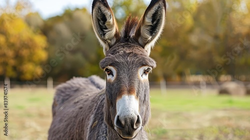 curious donkey closeup portrait attentive ears and gentle eyes farm animal photography rustic nature background © Bijac