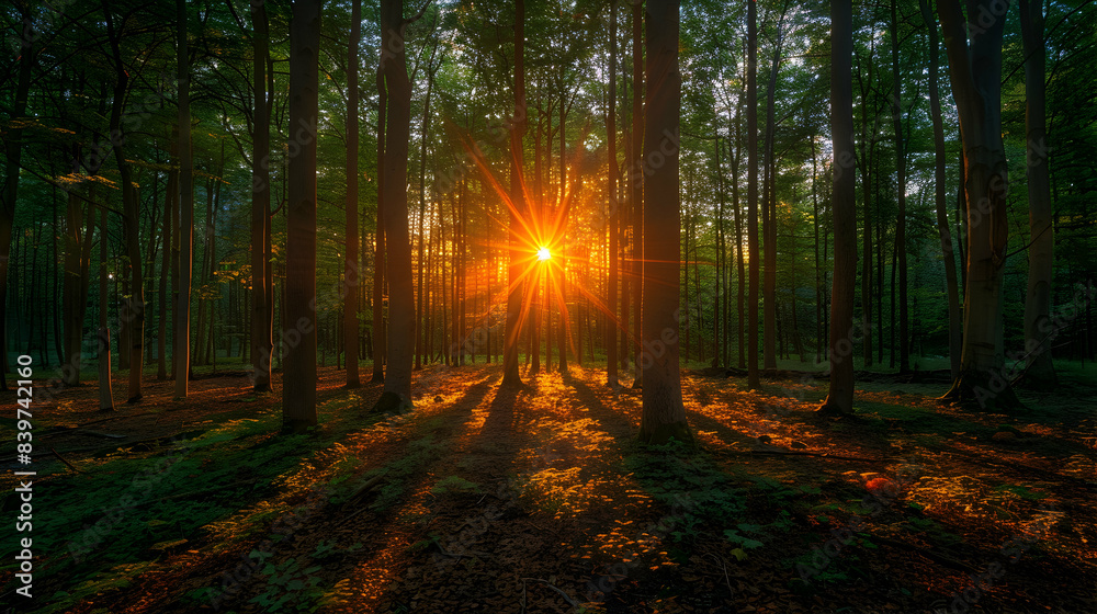 Obraz premium An ultra HD view of a nature forest glade at sunrise, the sky glowing with vibrant colors and the light casting long shadows among the trees