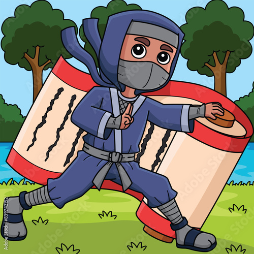 Ninja Holding a Big Scroll Colored Cartoon 