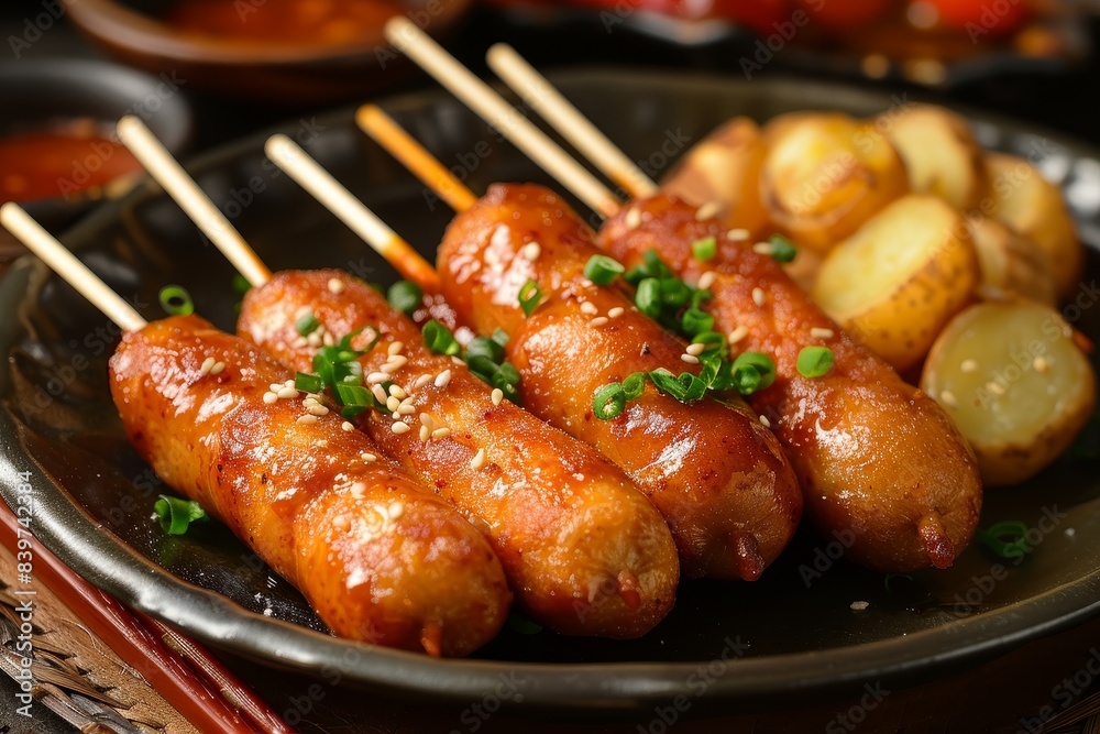 Tasty Korean corn dogs with crispy batter and fried potatoes Tasty Korean corn dogs with crispy batter and fried potatoes