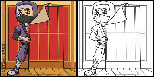 Ninja Hiding Coloring Page Colored Illustration