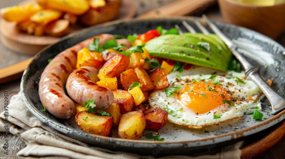 Healthy low fat breakfast with potatoes, eggs, white sausage, and avocado on a western style plate Healthy low fat breakfast with potatoes, eggs, white sausage, and avocado on a western style plate