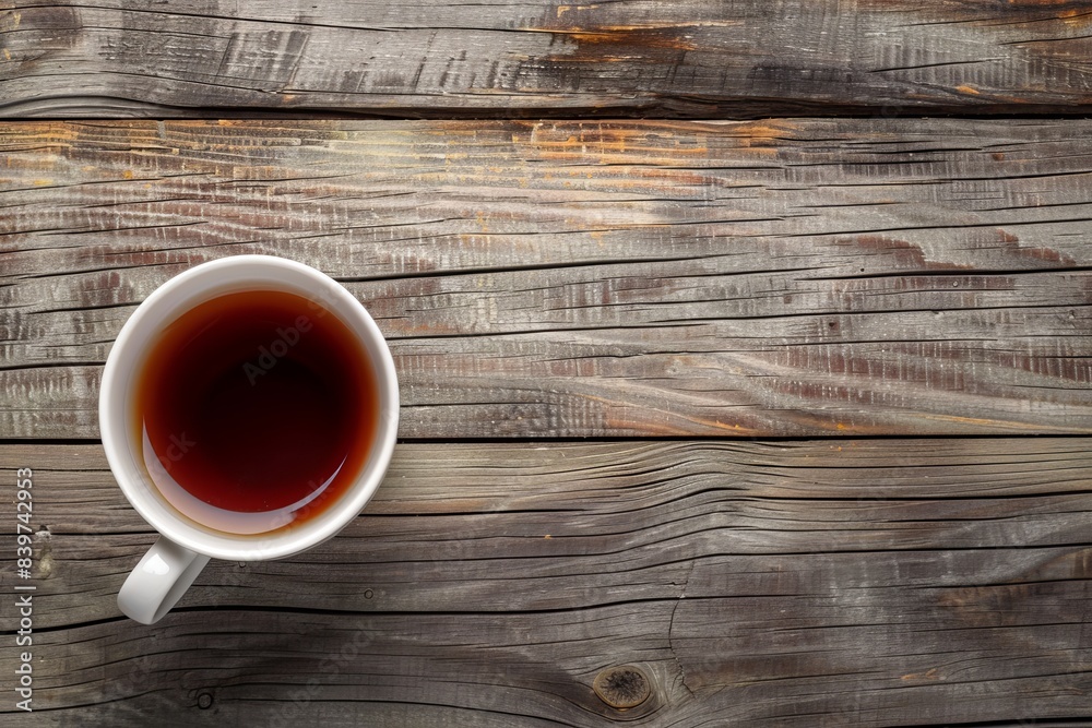 Top view of a wooden background with a black tea cup and space for text Top view of a wooden background with a black tea cup and space for text