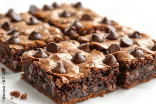 Chocolate chip brownies with rich chocolate flavor  perfect for dessert lovers  fudgy texture  homemade goodness  indulgent  satisfying  and delicious  served on a white plate