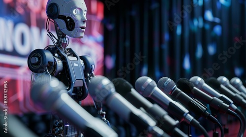 Audience following fake news on television, an AI robot is speaking into the microphones and spreading false information  photo