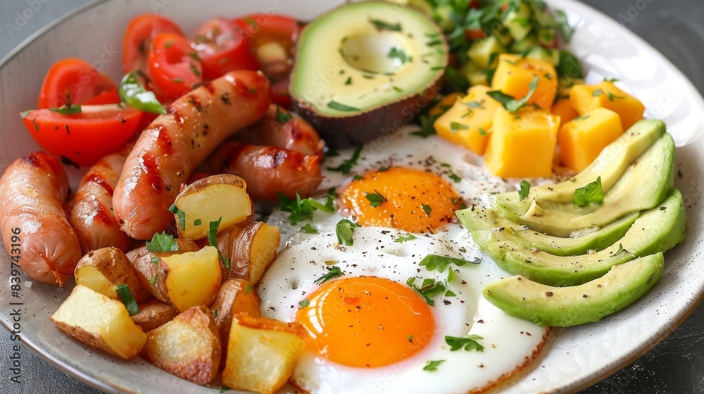 Low fat western breakfast with crispy potatoes, creamy eggs, lean sausage, and fresh avocado Low fat western breakfast with crispy potatoes, creamy eggs, lean sausage, and fresh avocado