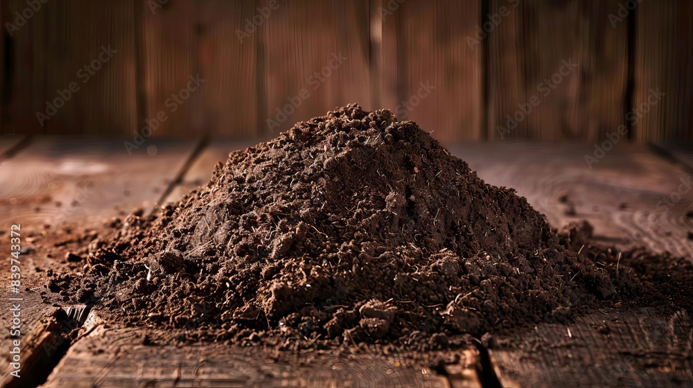 Fototapeta premium heap of rich brown soil isolated on wooden background gardening and agriculture concept