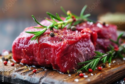 Uncooked beef steak on a board with spices and herbs