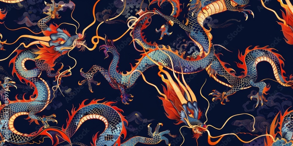 Colorful Abstract Dragons Flying on a Dark Blue Background Colorful Abstract Dragons Flying on a Dark Blue Background