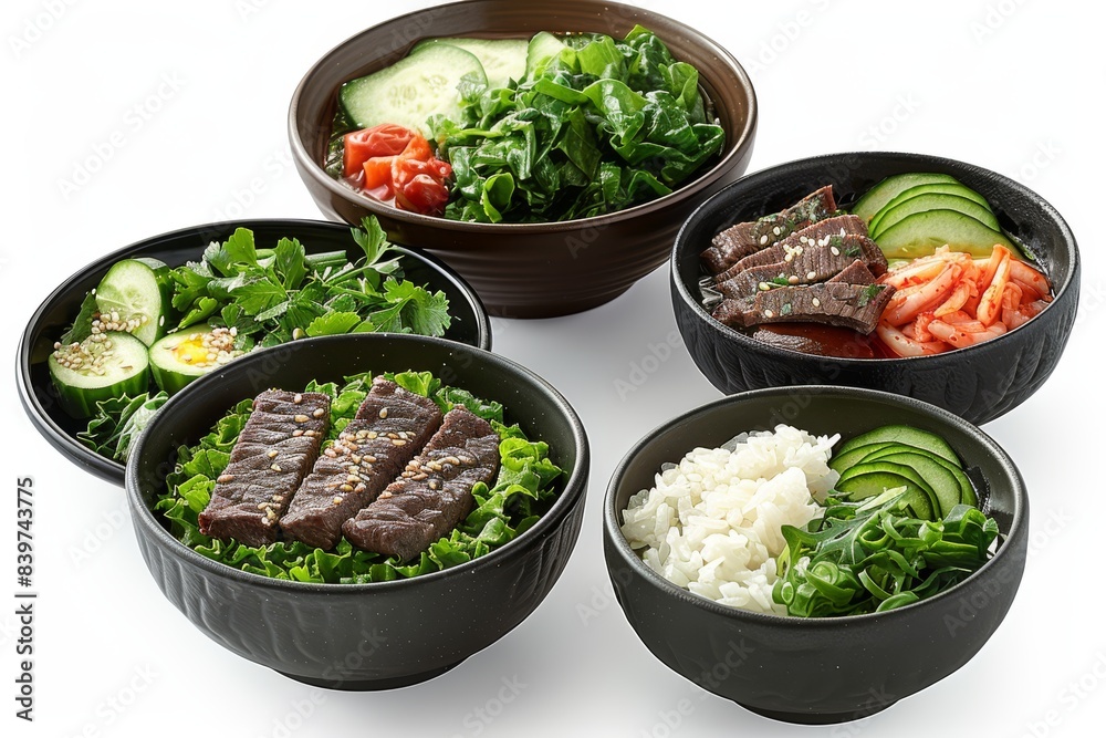 Variety of Korean side dishes in black bowls, including rice, vegetables, and kimchi, perfect for a traditional Korean meal, savory, rich in flavor, satisfying, and visually appealing Variety of Korean side dishes in black bowls, including rice, vegetables, and kimchi, perfect for a traditional Korean meal, savory, rich in flavor, satisfying, and visually appealing