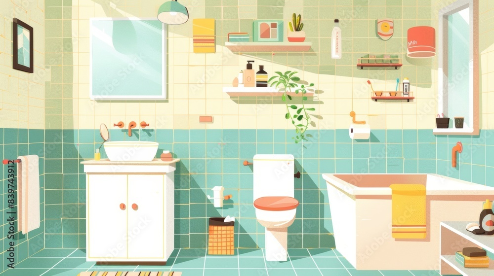 A cheerful bathroom with pictorial reminders for proper hygiene habits A cheerful bathroom with pictorial reminders for proper hygiene habits