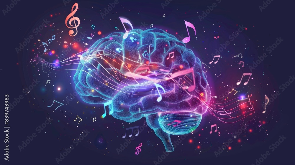 Graphic illustration of the brain with musical notes and steps intertwined highlighting the brainenhancing effects of music and movement Graphic illustration of the brain with musical notes and steps intertwined highlighting the brainenhancing effects of music and movement