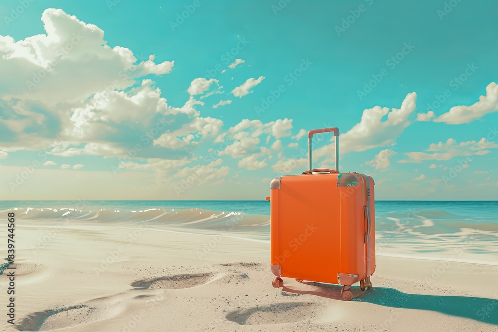 Orange suitcase with beach accessories on sand, sea and sky background. summer travel concept. 3d rendering Orange suitcase with beach accessories on sand, sea and sky background. summer travel concept. 3d rendering