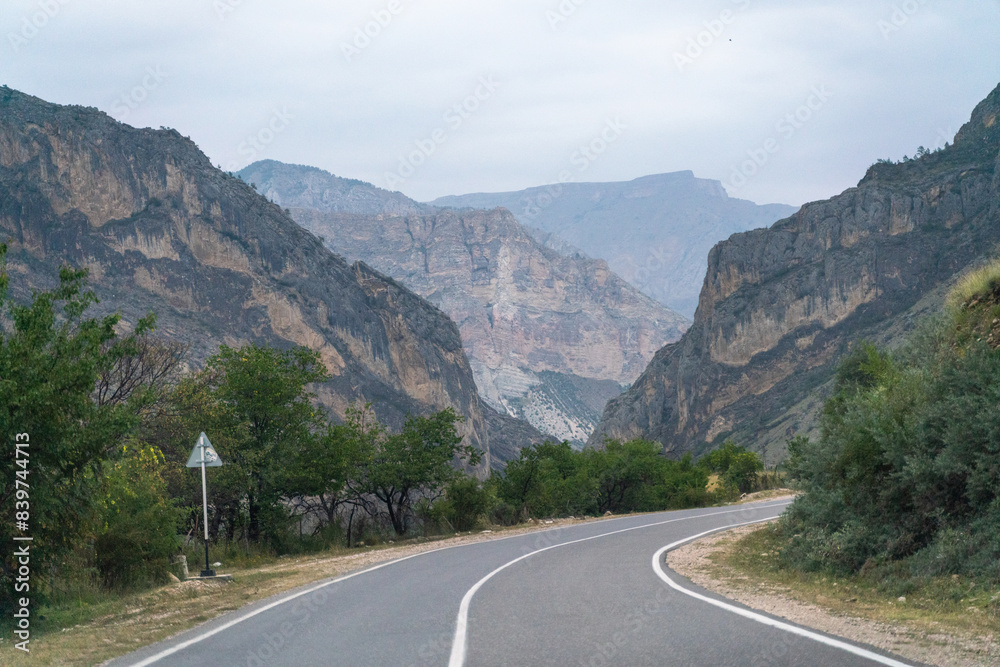 View from the car of an asphalt road in the mountainous area of Dagestan View from the car of an asphalt road in the mountainous area of Dagestan