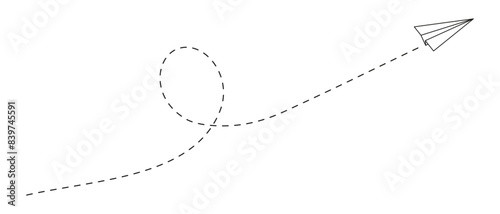 Paper origami plane with dashed path line and loop. Trip, vacation or travel concept. Online message or letter symbol. Delivery or destination, freedom or creativity sign. Vector outline illustration.