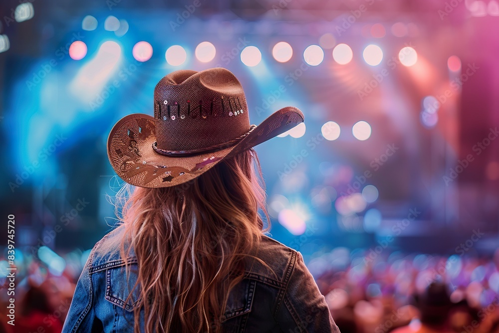 Back view of a young american woman fan of country music attending a country music concert wearing a cowboy hat Back view of a young american woman fan of country music attending a country music concert wearing a cowboy hat