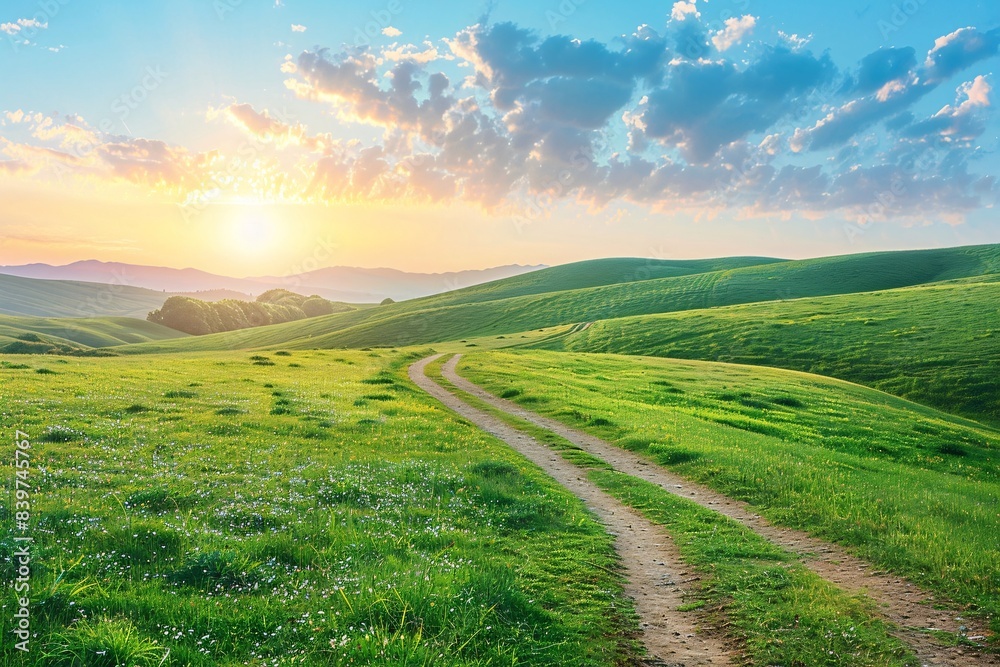 Fototapeta premium Scenic Winding Path Through Lush Green Field at Sunset