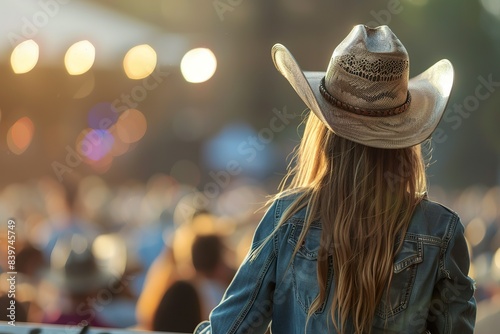 Back view of a young american woman fan of country music attending a country music concert wearing a cowboy hat photo