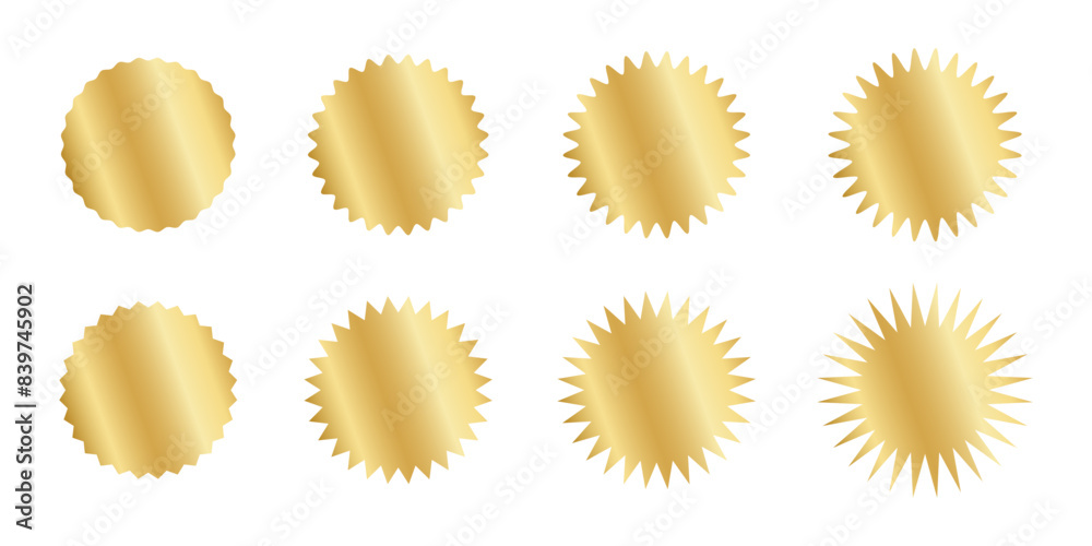 Set of gold circle stickers with wavy borders. Wiggly round shining labels, badges, price tags, stamps, sale offers isolated on white background. Vector realistic illustration. Set of gold circle stickers with wavy borders. Wiggly round shining labels, badges, price tags, stamps, sale offers isolated on white background. Vector realistic illustration.