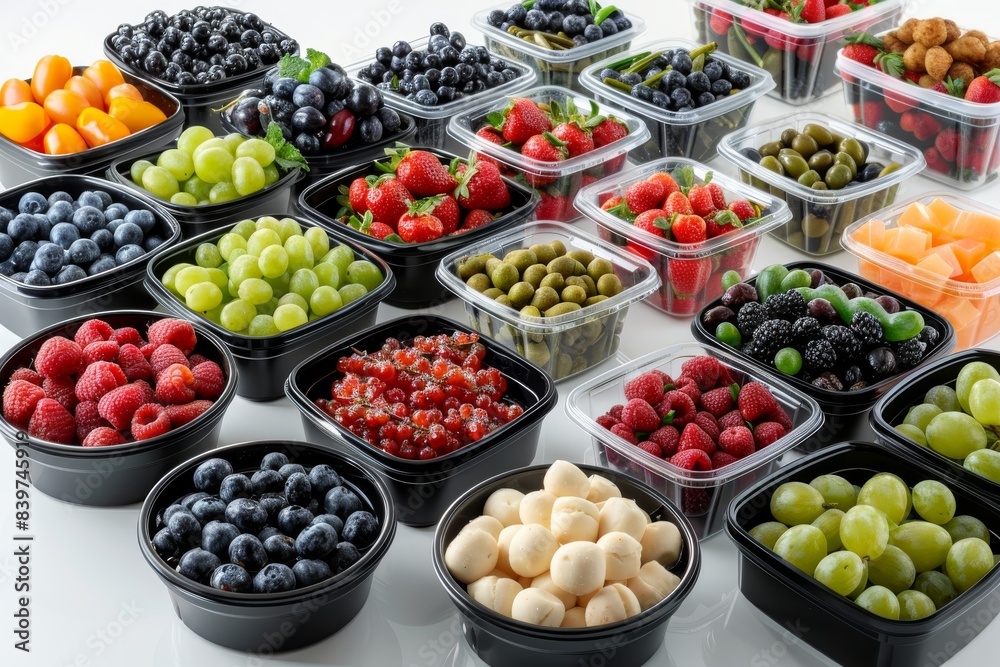 Fresh fruit assortment in black bowls, perfect for a healthy and colorful snack, ideal for parties, events, or gatherings, vibrant, nutritious, and visually appealing Fresh fruit assortment in black bowls, perfect for a healthy and colorful snack, ideal for parties, events, or gatherings, vibrant, nutritious, and visually appealing