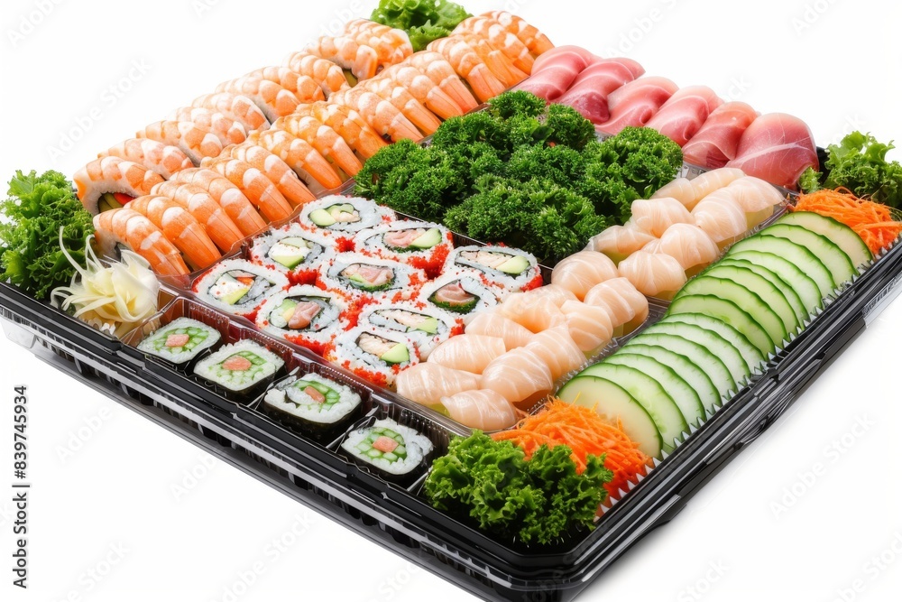 Elegant sushi platter with a variety of sushi rolls, beautifully arranged, perfect for parties, events, or gourmet dining, rich flavors, visually appealing, and appetizing Elegant sushi platter with a variety of sushi rolls, beautifully arranged, perfect for parties, events, or gourmet dining, rich flavors, visually appealing, and appetizing