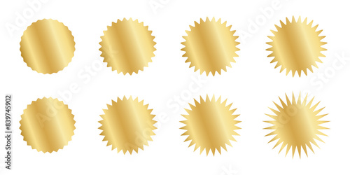 Set of gold circle stickers with wavy borders. Wiggly round shining labels, badges, price tags, stamps, sale offers isolated on white background. Vector realistic illustration.