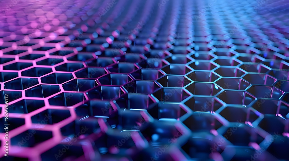 Obraz premium Detailed hexagonal grid with glowing pink and blue elements, futuristic design, 3D rendering