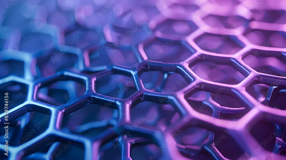 Carbon hexagonal honeycomb structure with neon pink and blue highlights, 3D rendering Carbon hexagonal honeycomb structure with neon pink and blue highlights, 3D rendering
