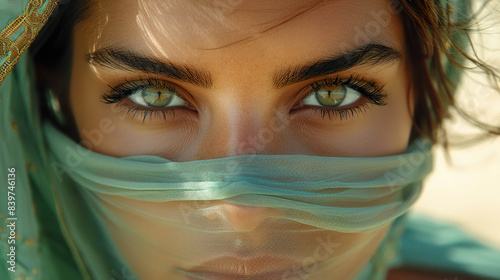 Green eyes woman look through sheer fabric. Generated by AI.