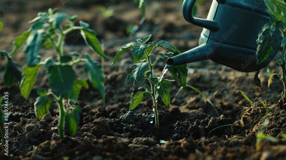Watering seedling tomato plant garden with watering can Watering seedling tomato plant garden with watering can