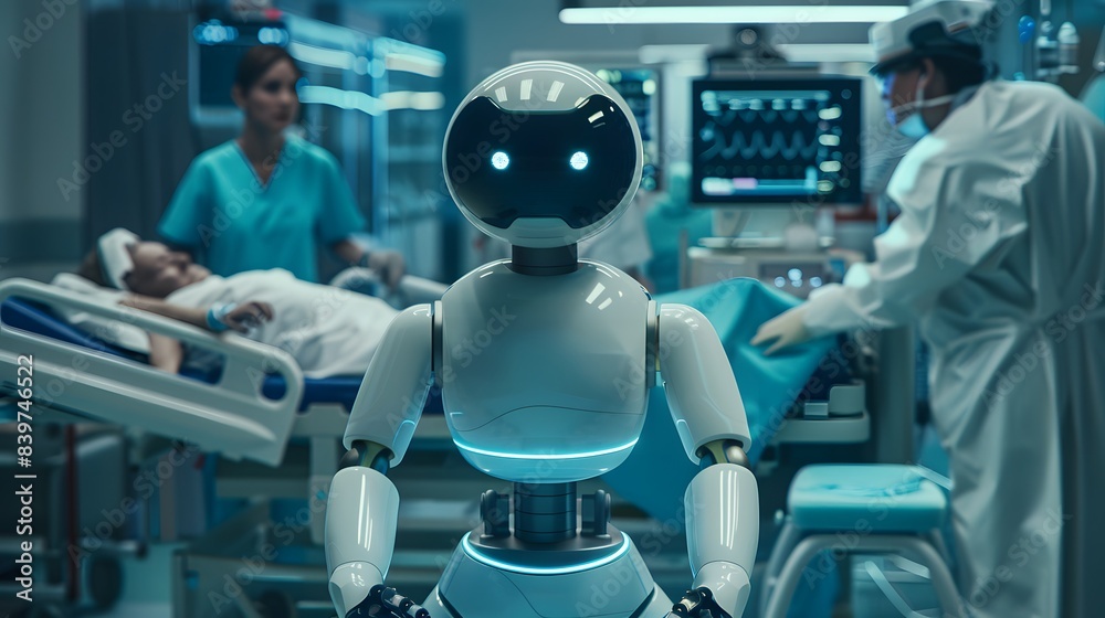 Advanced Medical Robot Assisting in a High-Tech Emergency Room with Medical Staff in the Background Advanced Medical Robot Assisting in a High-Tech Emergency Room with Medical Staff in the Background