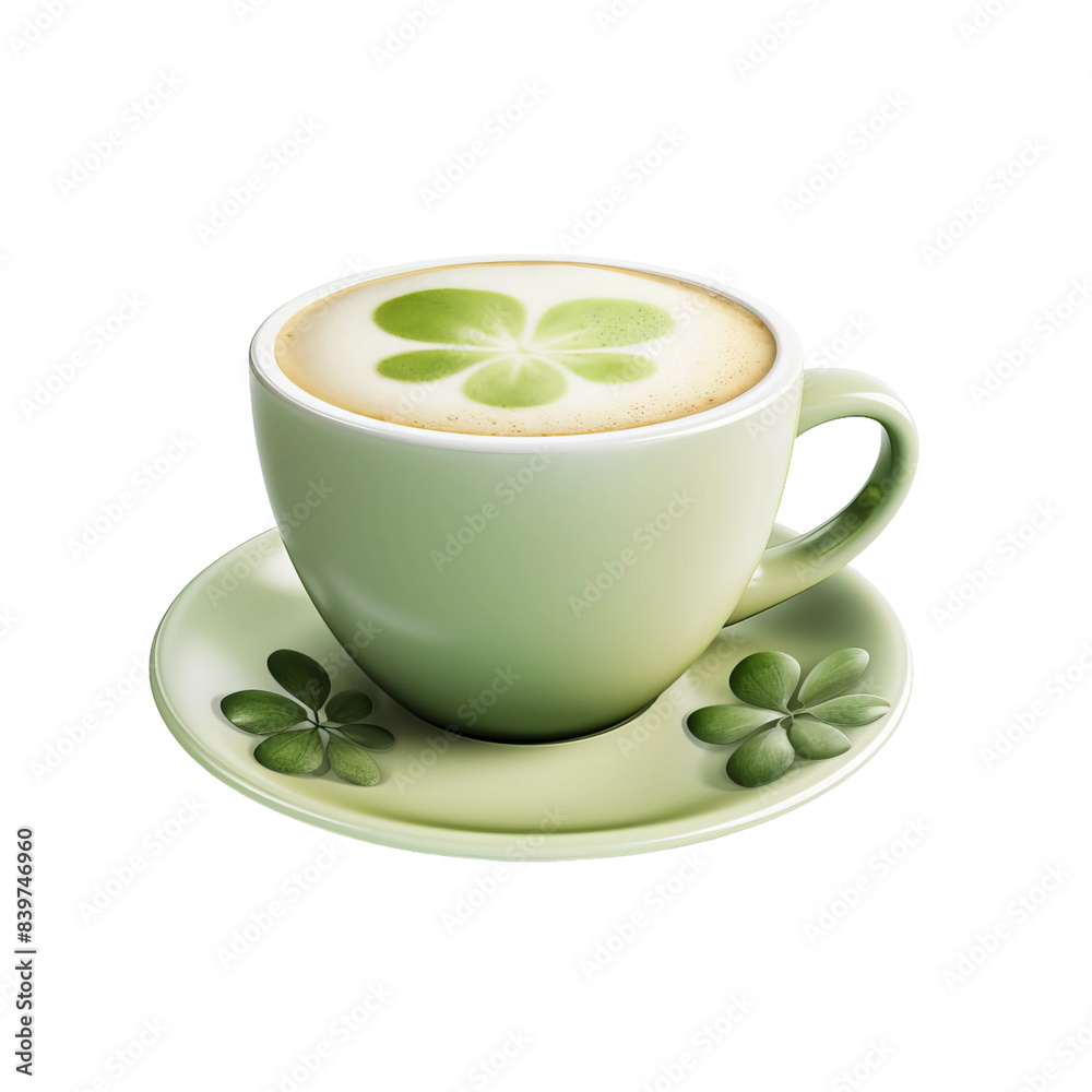 green capucino cup with shamrock leaf on it creamy on an isolated white background green capucino cup with shamrock leaf on it creamy on an isolated white background